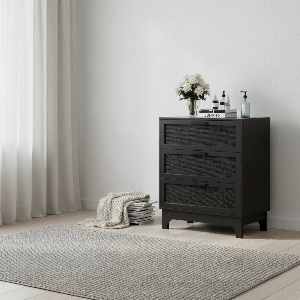 Commode noire à 3 tiroirs, commode moderne en rotin, meuble de rangement d'appoint pour chambre à coucher