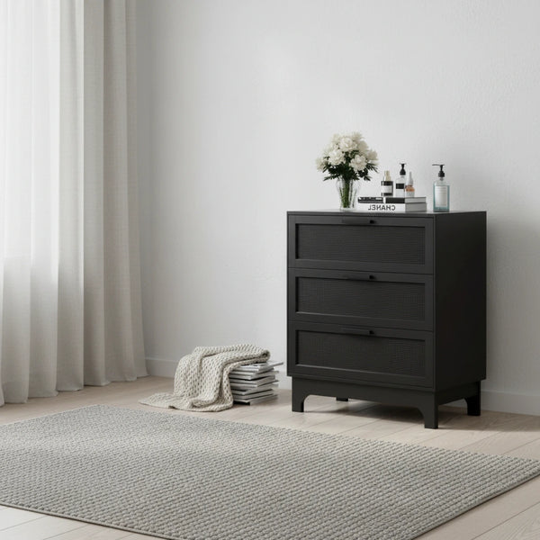 Commode noire à 3 tiroirs, commode moderne en rotin, meuble de rangement d'appoint pour chambre à coucher
