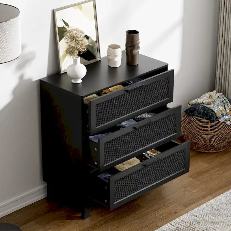 Commode noire à 3 tiroirs, commode moderne en rotin, meuble de rangement d'appoint pour chambre à coucher