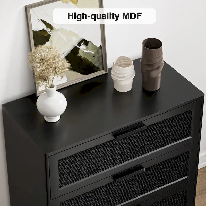 Commode noire à 3 tiroirs, commode moderne en rotin, meuble de rangement d'appoint pour chambre à coucher
