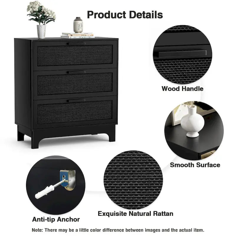 Commode noire à 3 tiroirs, commode moderne en rotin, meuble de rangement d'appoint pour chambre à coucher
