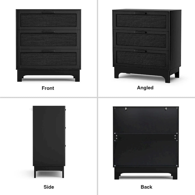Commode noire à 3 tiroirs, commode moderne en rotin, meuble de rangement d'appoint pour chambre à coucher