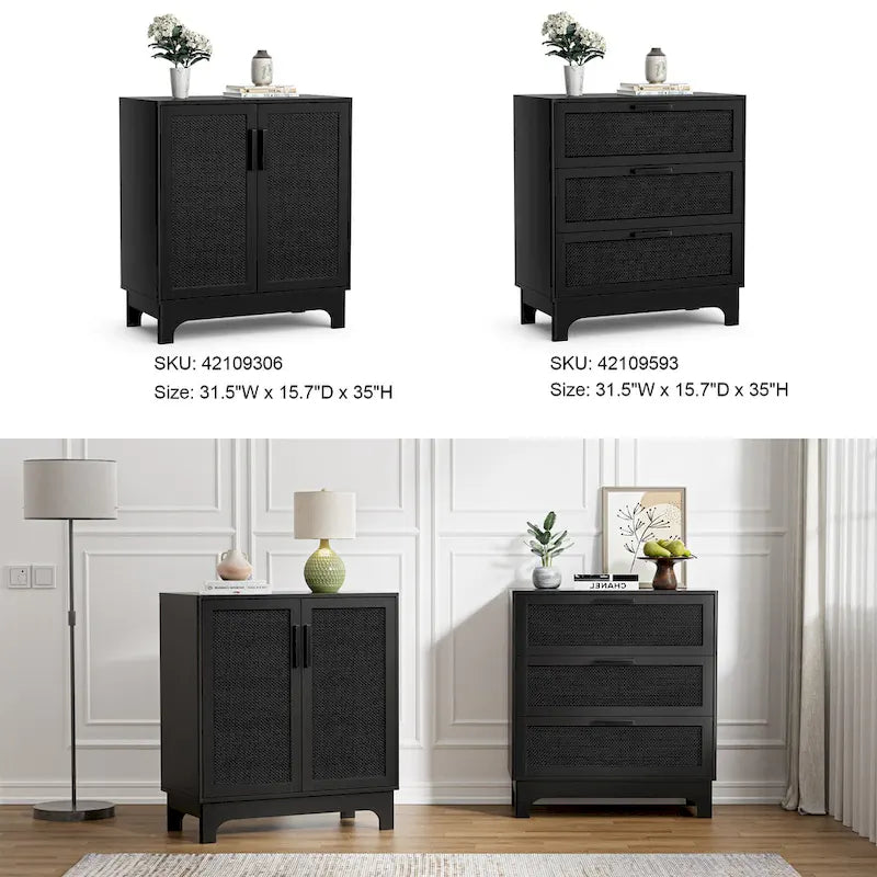 Commode noire à 3 tiroirs, commode moderne en rotin, meuble de rangement d'appoint pour chambre à coucher