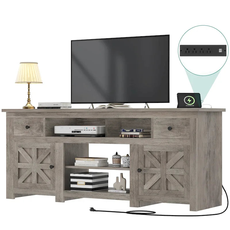 Meuble TV de ferme de 70 po, centre de divertissement avec prise de courant pour téléviseurs jusqu'à 80 po - 70L x 15.5W x 30H