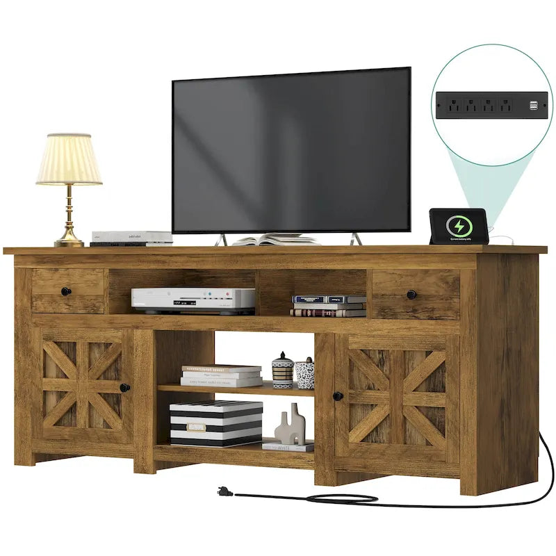 Meuble TV de ferme de 70 po, centre de divertissement avec prise de courant pour téléviseurs jusqu'à 80 po - 70L x 15.5W x 30H