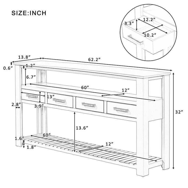 Console moderne avec 4 tiroirs et 2 étagères