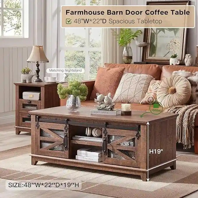 Table Basse de Ferme avec Rangement et Portes Coulissantes, Table de Salon