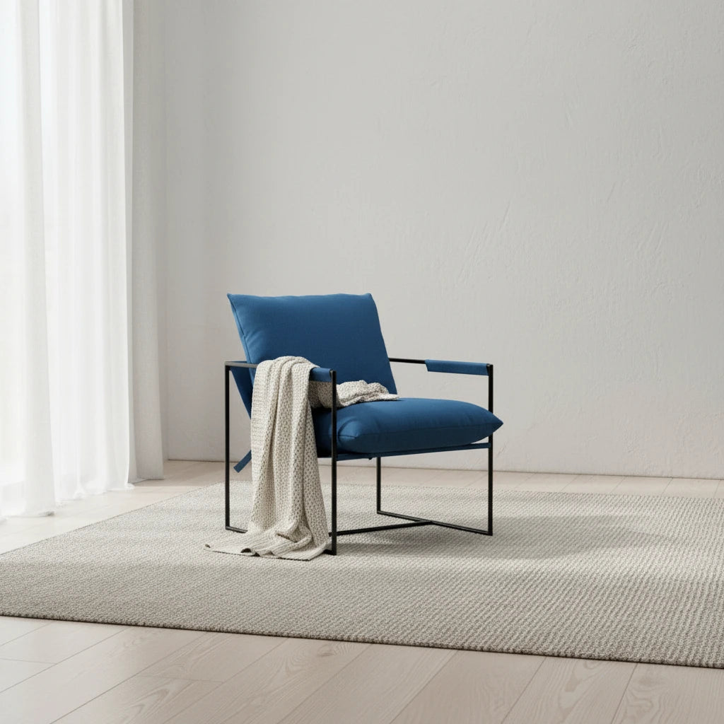 Linen Sling Chair Indoor Modern Accent Chair with Two Removable Soft Cushion Industrial Style Chair with Metal Frame Comfy Chair