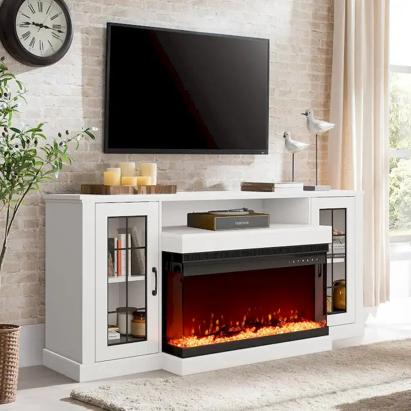 Meuble TV avec cheminée électrique et étagères en verre réglables