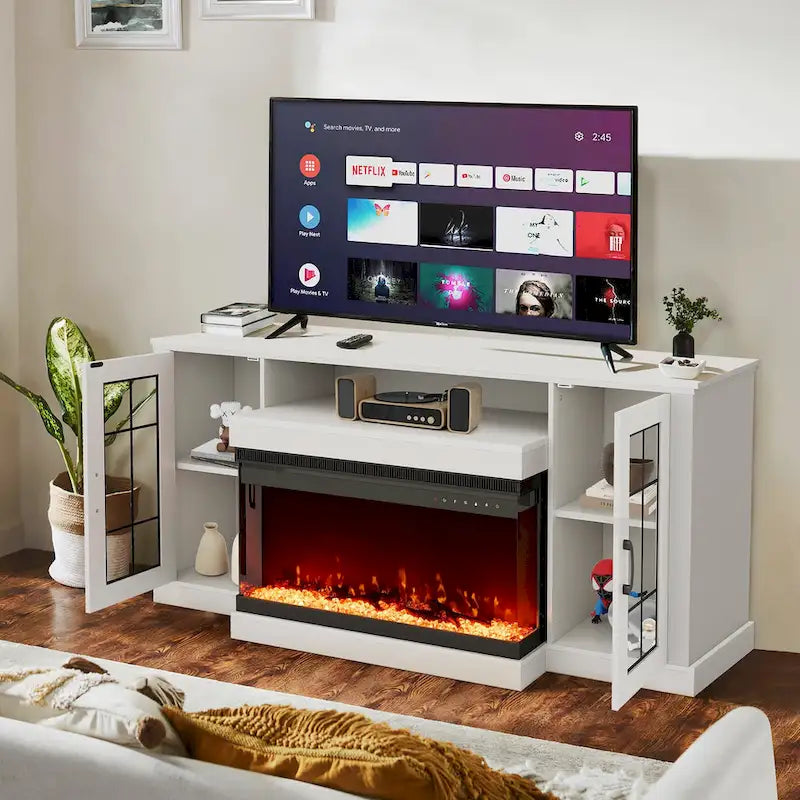 Meuble TV avec cheminée électrique et étagères en verre réglables