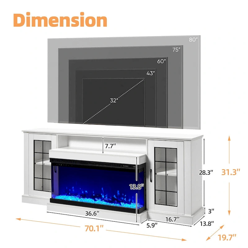 Meuble TV avec cheminée électrique et étagères en verre réglables