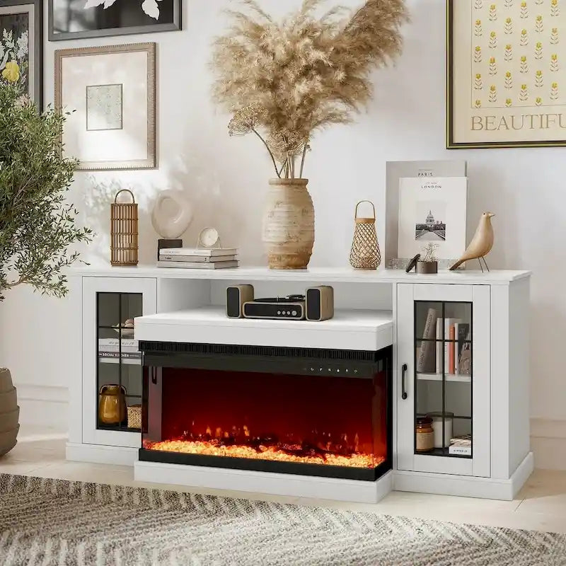 Meuble TV avec cheminée électrique et étagères en verre réglables