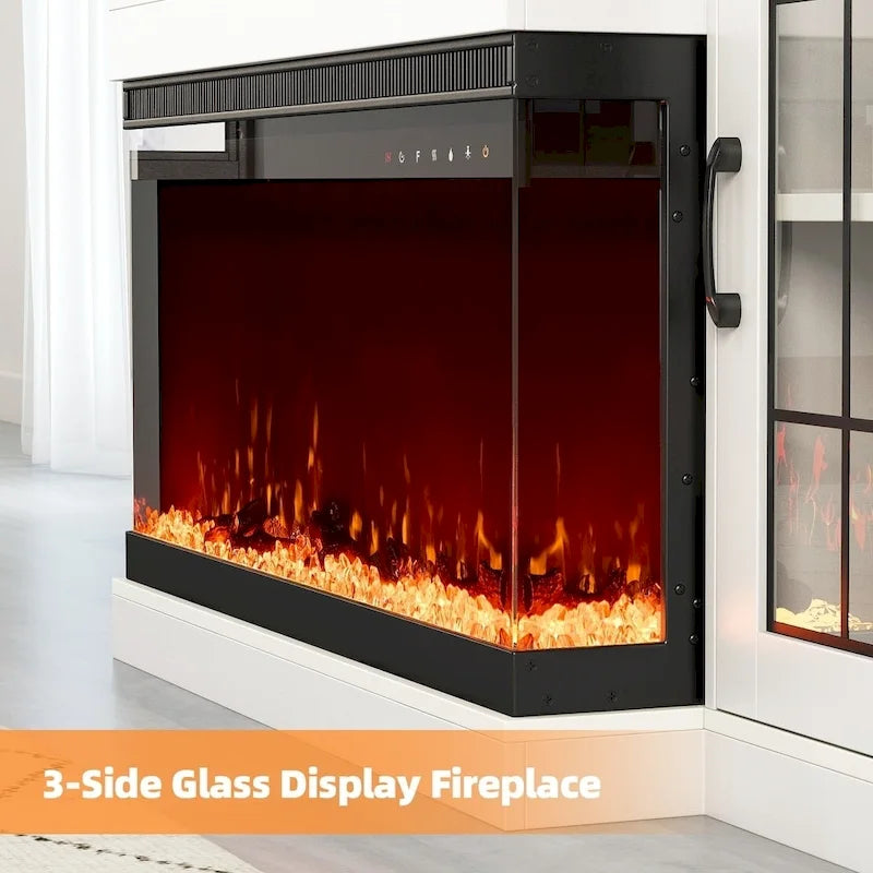 Meuble TV avec cheminée électrique et étagères en verre réglables
