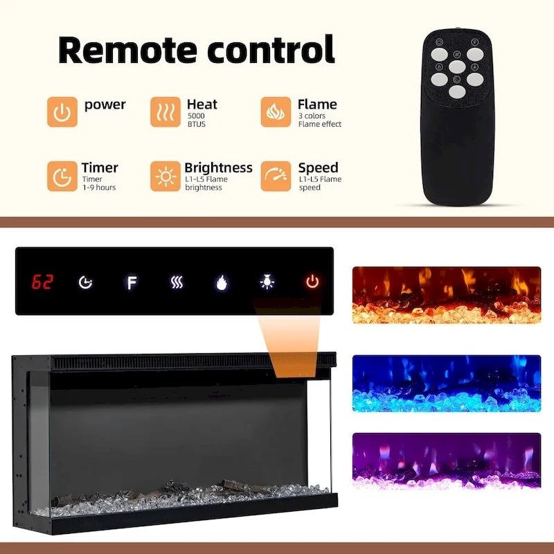 Meuble TV avec cheminée électrique et étagères en verre réglables