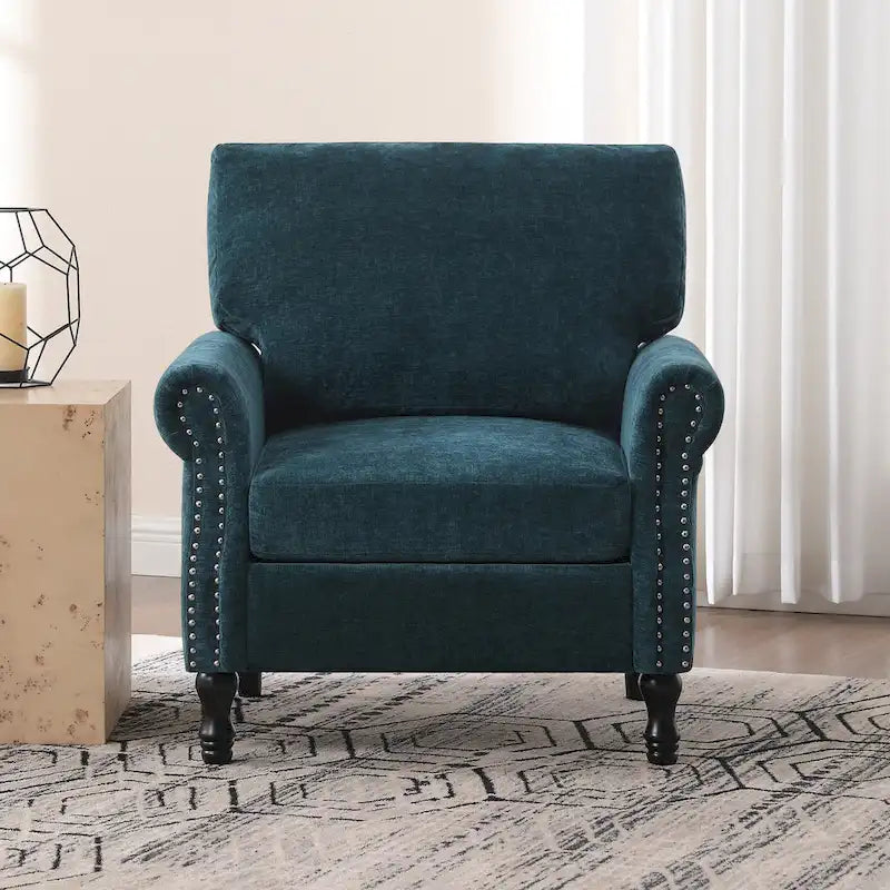 Fauteuil moderne rembourré avec clous décoratifs et pieds en bois