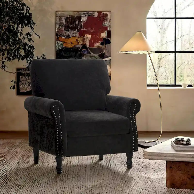 Fauteuil moderne rembourré avec clous décoratifs et pieds en bois