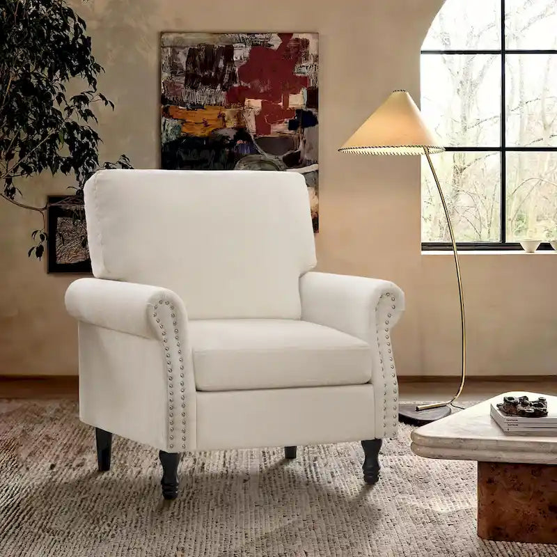 Fauteuil moderne rembourré avec clous décoratifs et pieds en bois